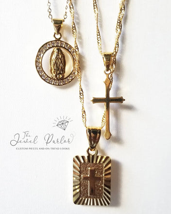 Virgin Mary Halo + Crosses Necklace Trio