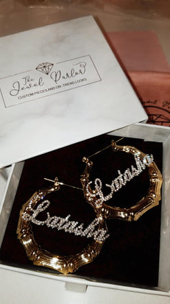 Deidra Custom Bamboo + Crystal Script Name Earrings