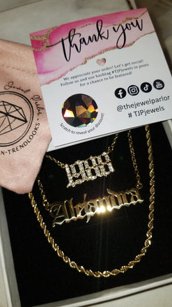 Gold-filled Name + Birth Year + Rope Chain Necklace Set